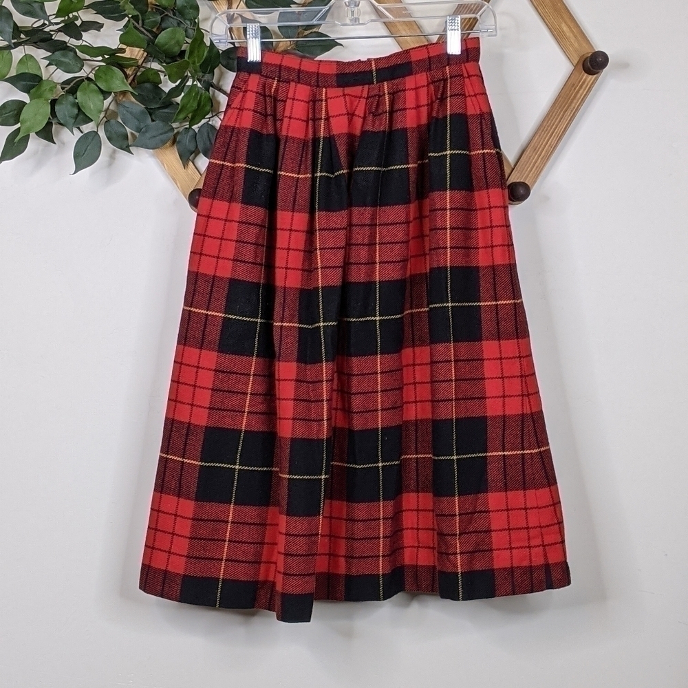 Vintage Claude Tartan Check Plaid Wool A-Line Midi Skirt - Size 6